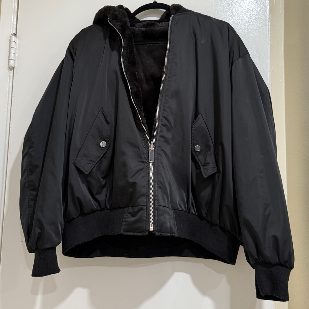 Zara TRF Black Reversible Oversized Faux Fur Bomber Jacket